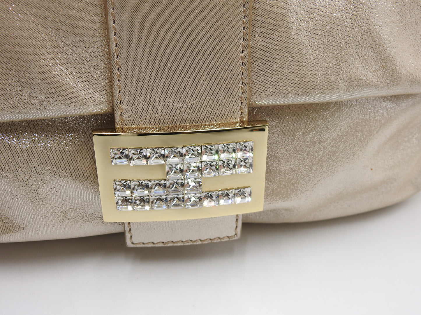 FENDI Crystal Mamma Baguette Shoulder Hand Bag Leather Beige Gold 8BR600