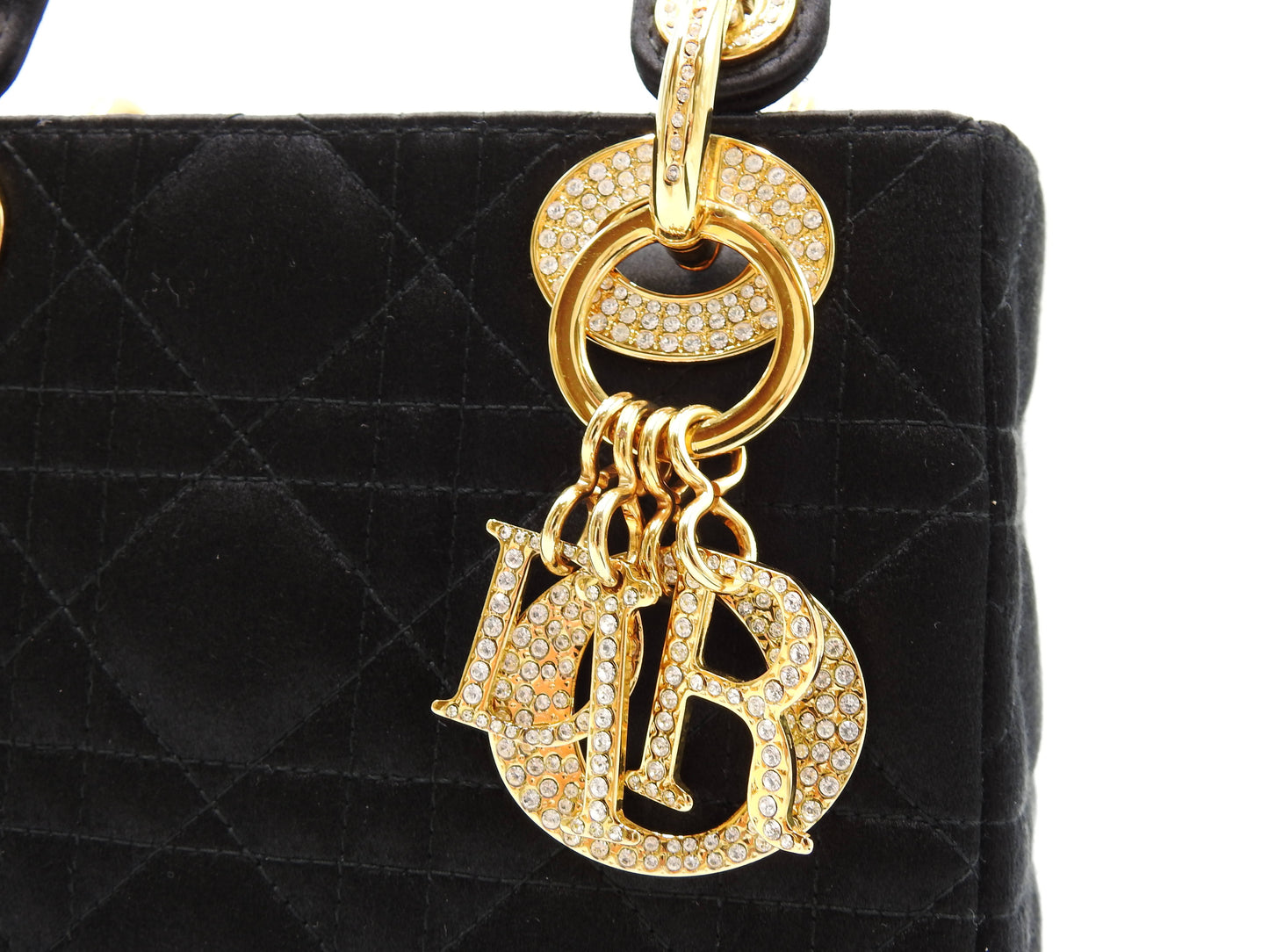 Christian Dior Lady Dior Mini Cannage Hand Bag Satin Crystal Black Gold