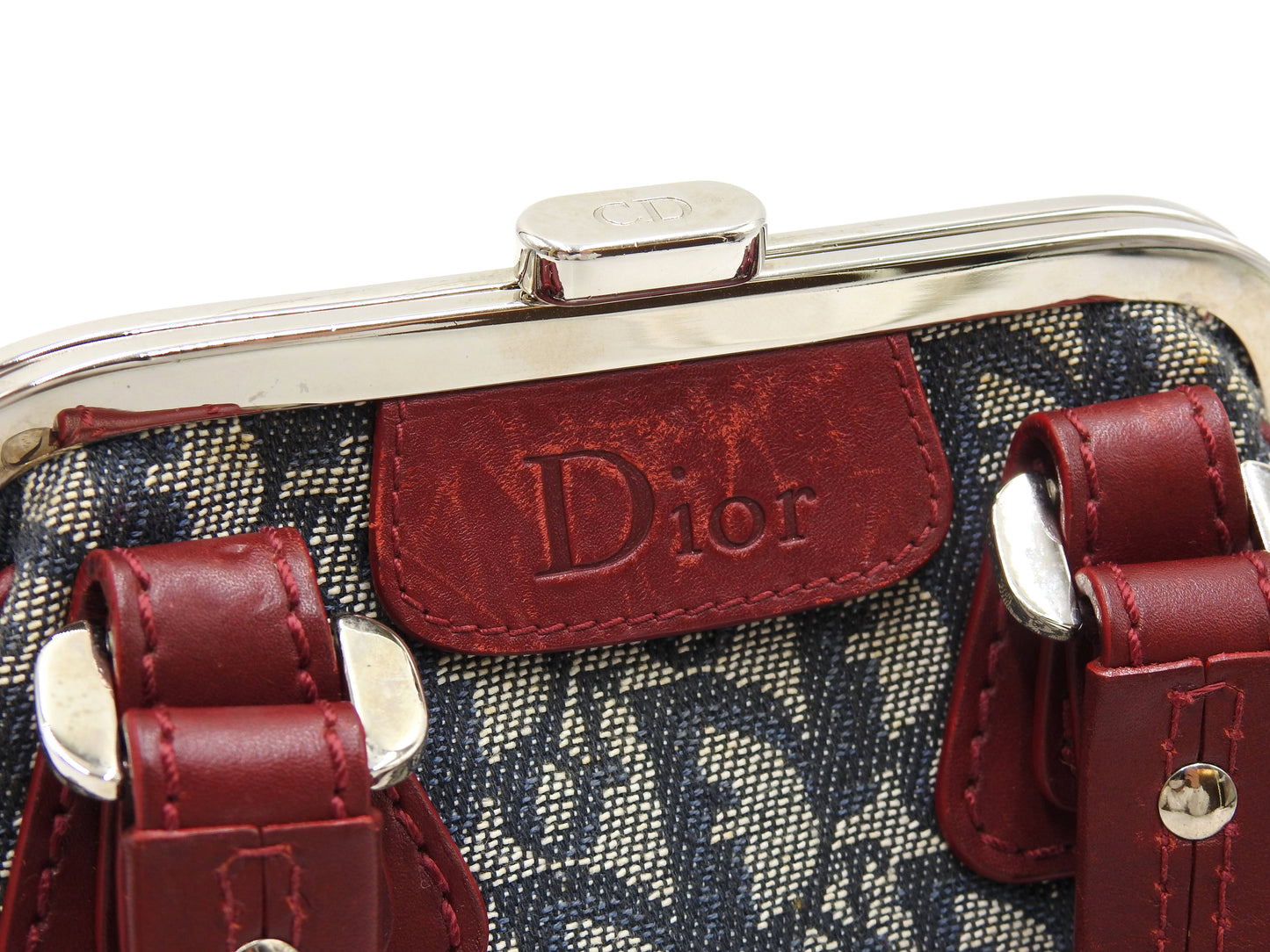Christian Dior Trotter Kiss Lock Mini Hand Bag Canvas Leather Navy Red