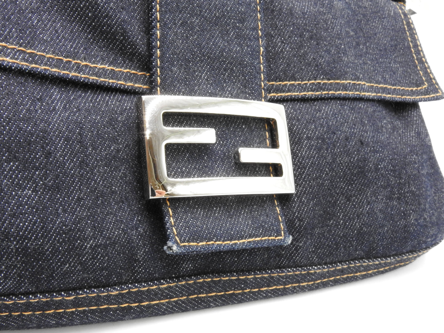 Auth FENDI Mamma Baguette Shoulder Hand Bag Denim Navy Silver Hardware