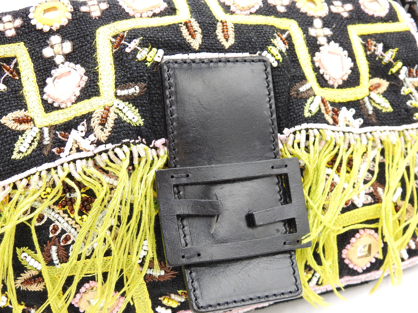 FENDI Mamma Baguette Shoulder Hand Bag Embroidered Beaded Fringe Black
