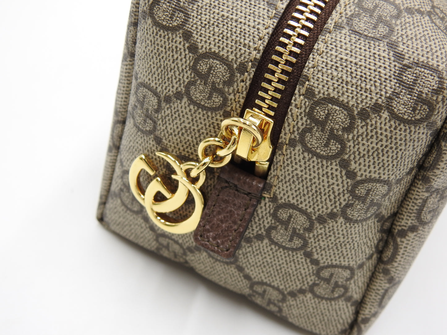 GUCCI GG Supreme Cosmetic Pouch PVC Leather Beige Brown Green 548393