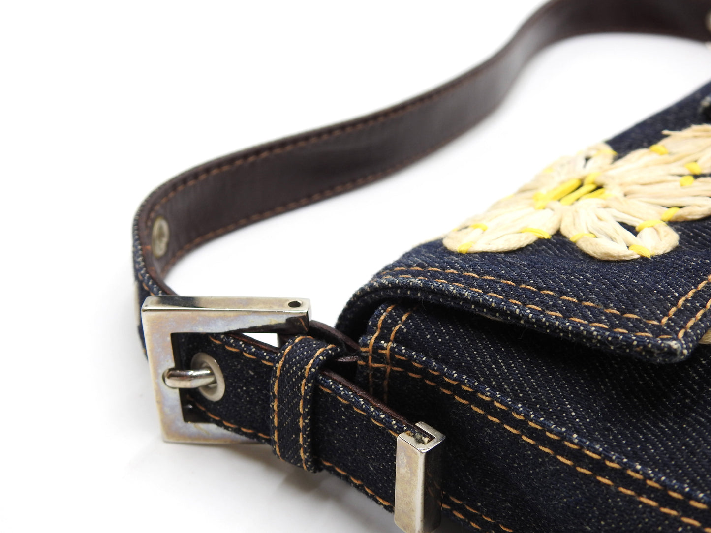 FENDI Denim Mamma Baguette Shoulder Hand Bag Flower Embroidered Navy