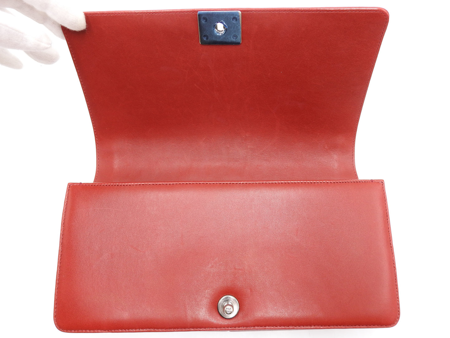 CHANEL CC Matelasse Boy Flap Clutch Second Bag Lambskin Leather Red