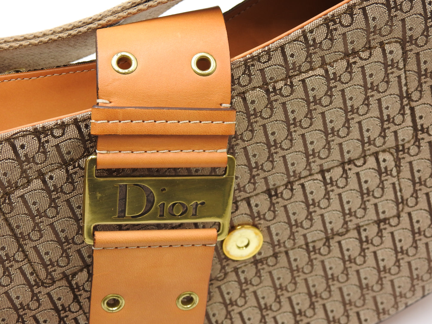 Christian Dior Trotter Street Chic Shoulder Bag Canvas Leather Beige