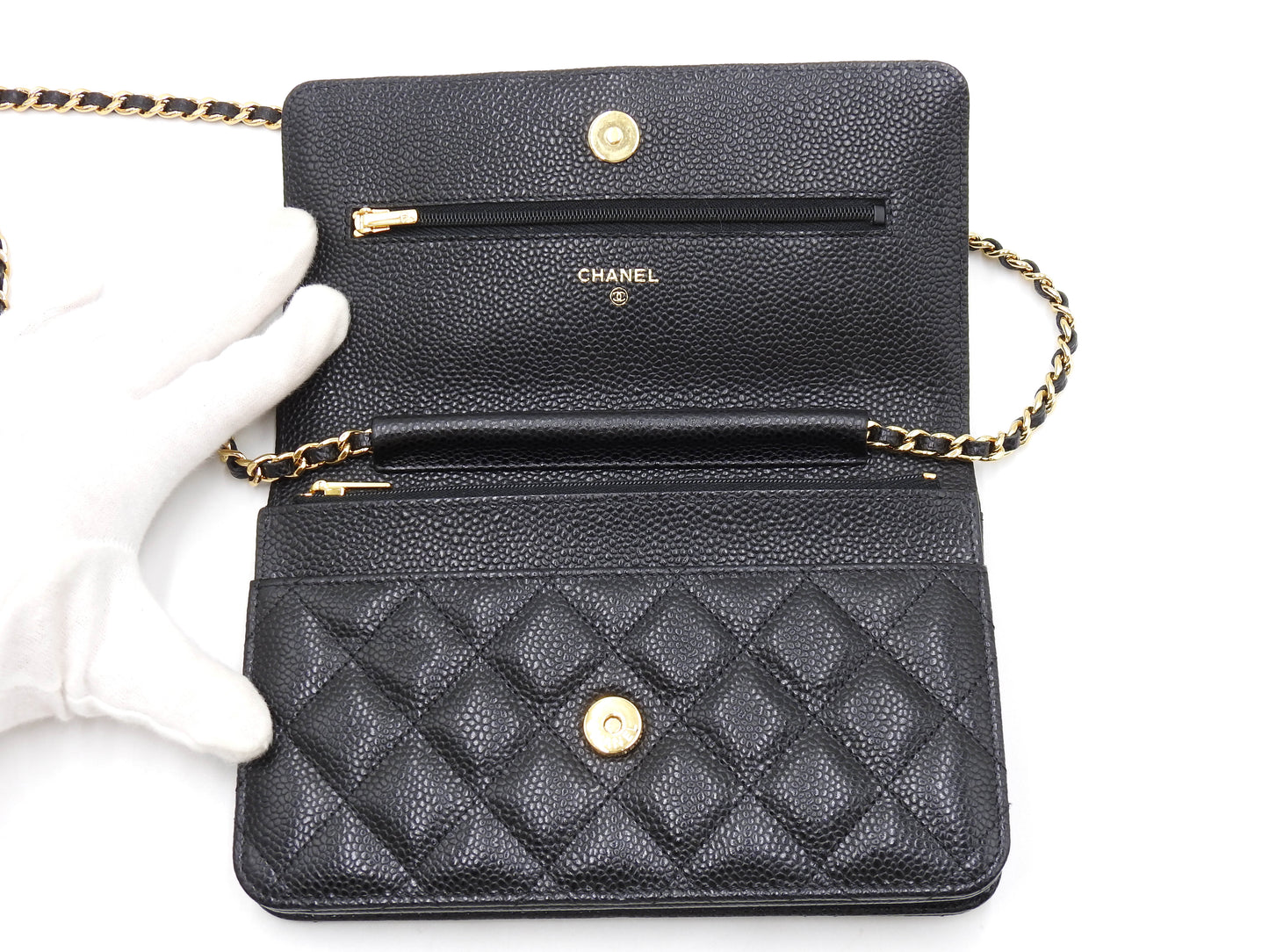 CHANEL CC Matelasse Wallet On Chain Shoulder Bag Caviarskin Black AP0250