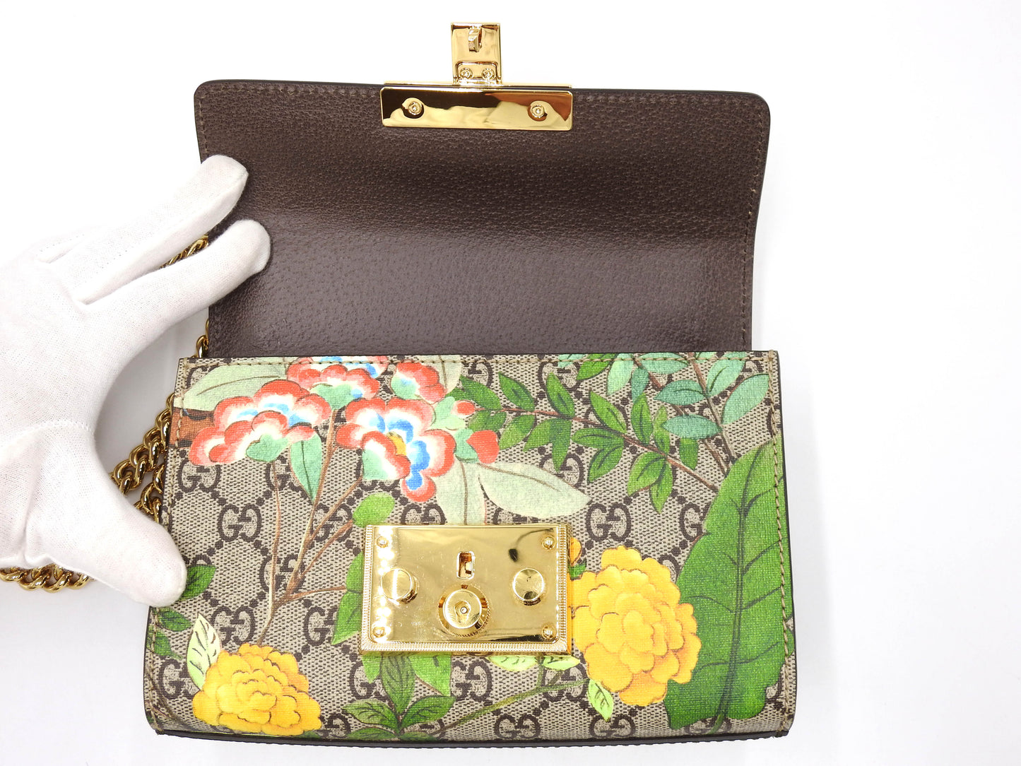 GUCCI GG Supreme Tian Padlock Small Chain Shoulder Bag Beige Brown 409487