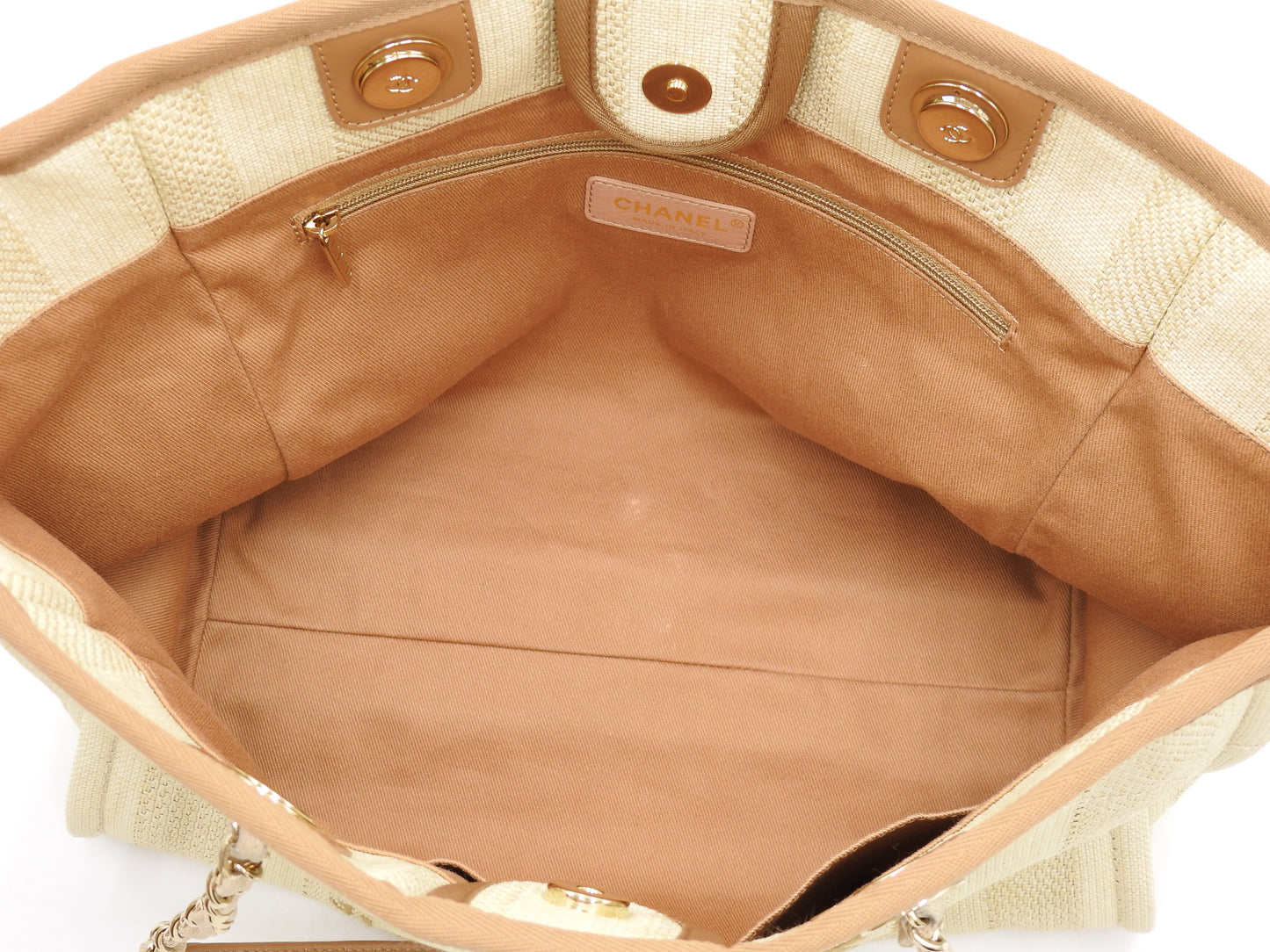 CHANEL Deauville MM Chain Tote Shoulder Bag Straw Canvas Beige Brown A67001