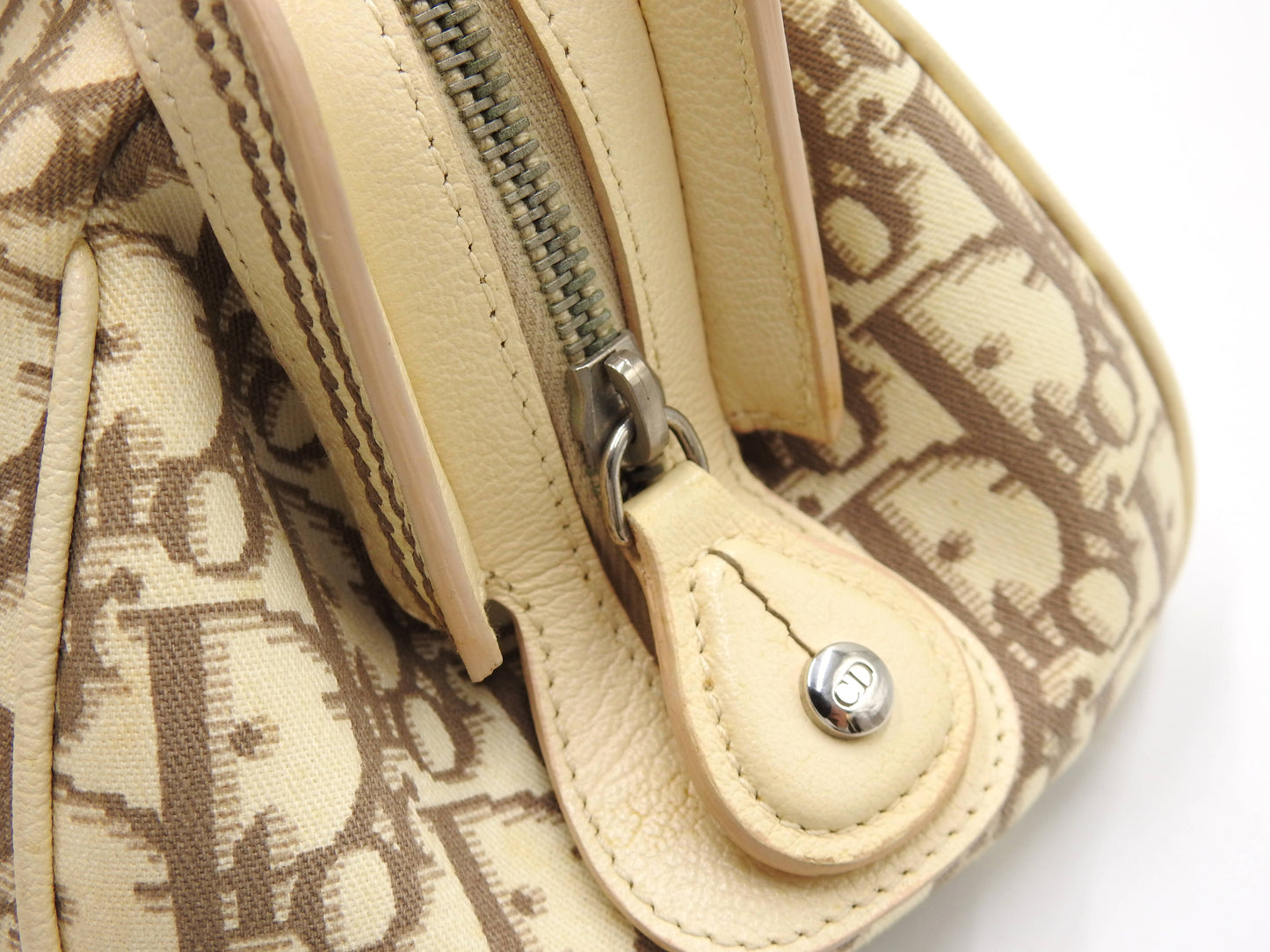 Christian Dior Trotter Embroidered Flower Hand Bag Canvas Leather Beige