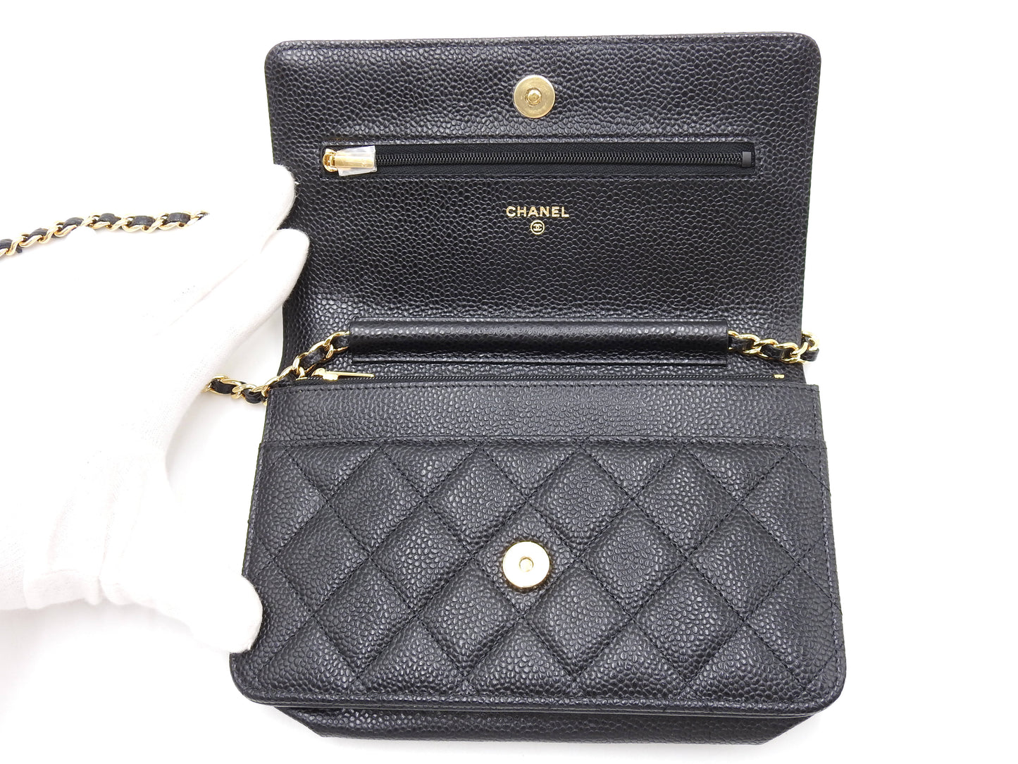 CHANEL CC Matelasse Wallet On Chain Shoulder Bag Caviarskin Black AP0250