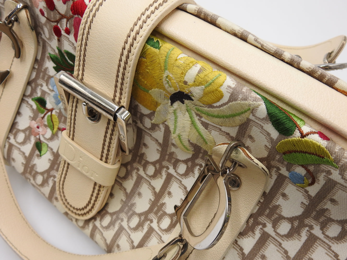 Christian Dior Trotter Embroidered Flower Tote Hand Bag Canvas Beige