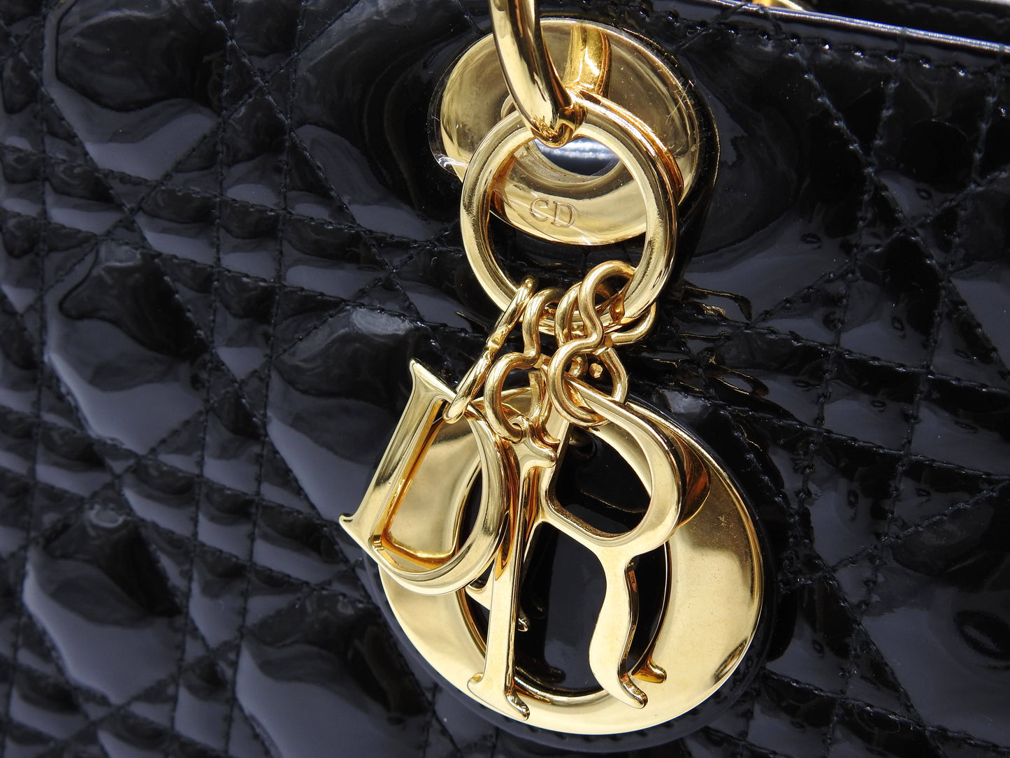 Christian Dior Lady Dior Large Cannage Hand Tote Bag Enamel Patent Leather
