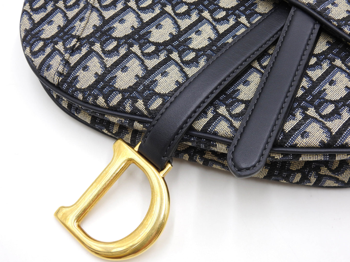 Christian Dior Oblique Jacquard Saddle Bag Shoulder Hand Bag Leather Navy