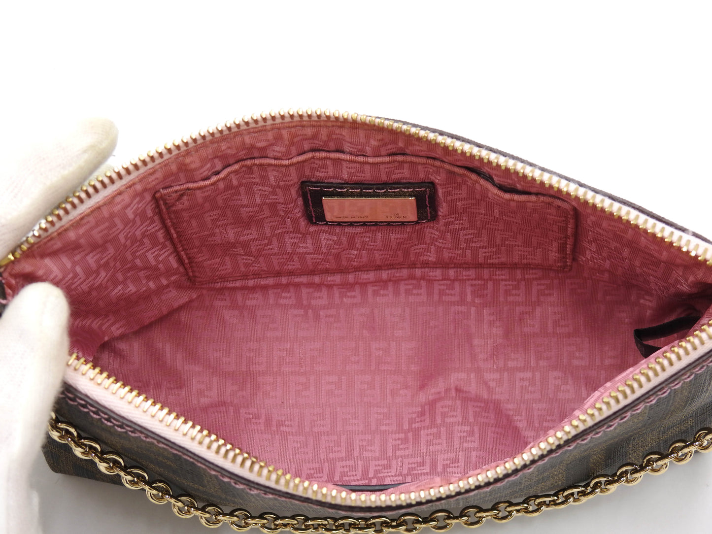 FENDI Zucca Chain Bag Pochette Accessories Pouch PVC 8BR592 Khaki