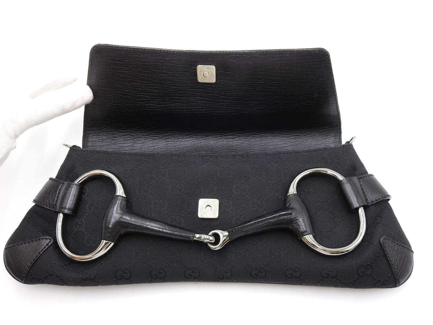 GUCCI GG Canvas Horsebit 2way Chain Clutch Hand Bag Leather Black 120134