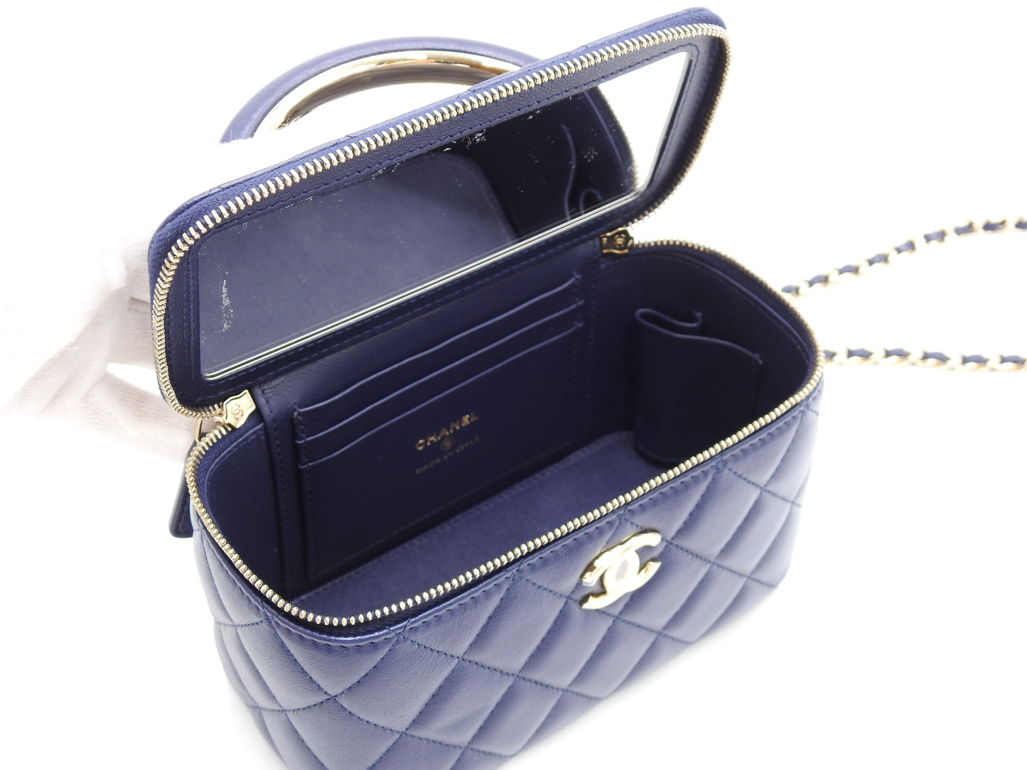 CHANEL CC Matelasse Top Handle 2way Chain Vanity Bag Lambskin Navy Gold