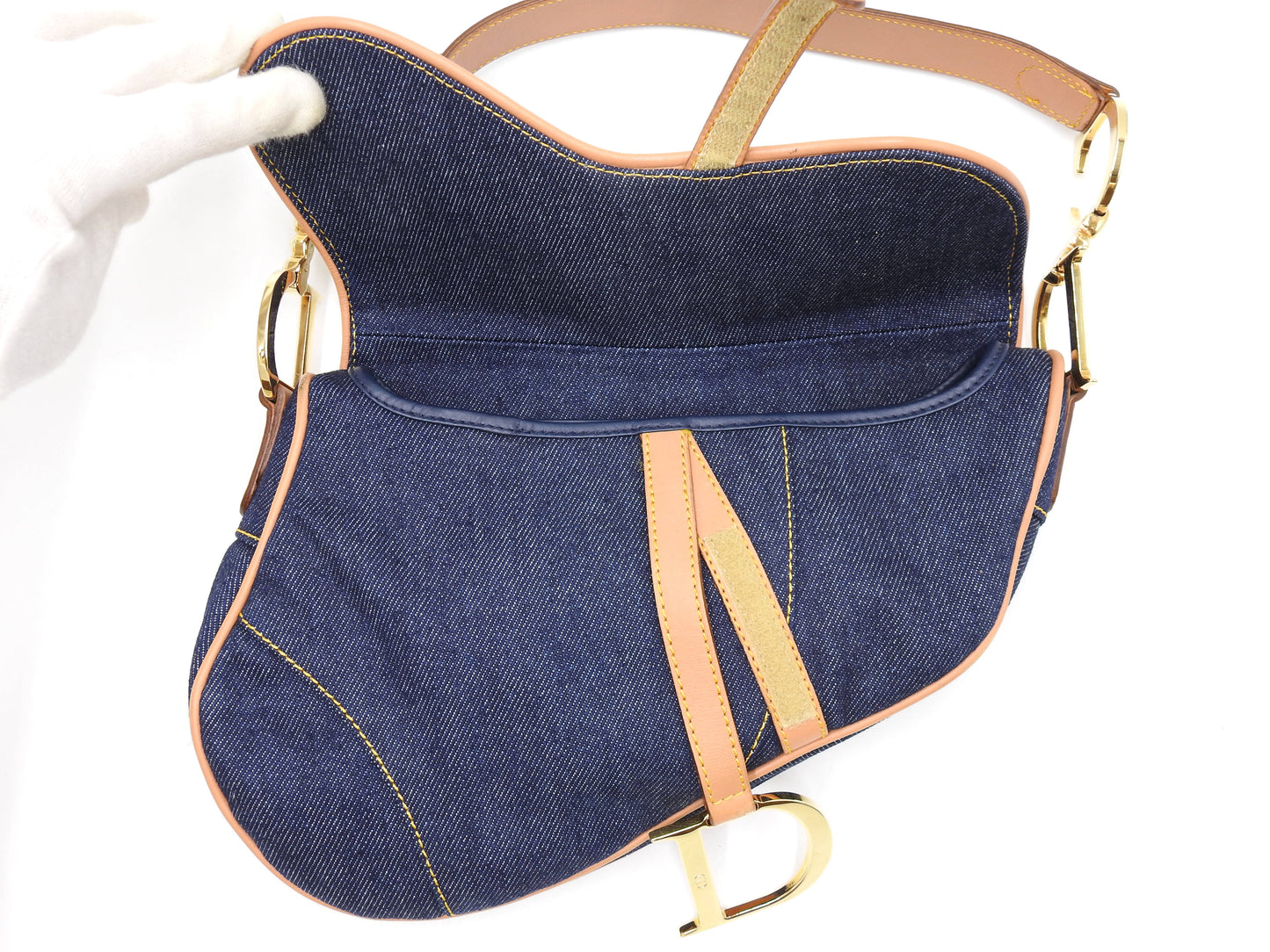 Christian Dior Saddle Bag Shoulder Hand Bag Denim Canvas Leather Navy Gold