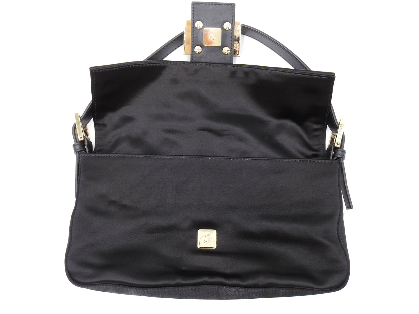 FENDI Mamma Baguette Shoulder Hand Bag Satin Leather Crystal Black 8BR600