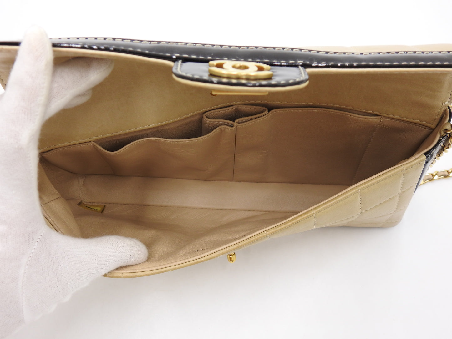 CHANEL Chocolate Bar Chain Shoulder Bag Lambskin Enamel Beige Black A15316