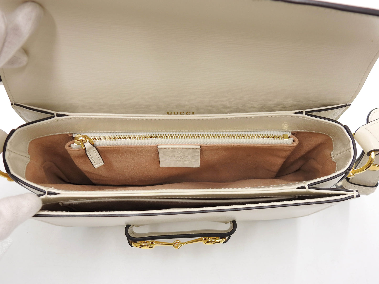 GUCCI Horsebit 1955 Shoulder Bag Leather White Gold Hardware 602204