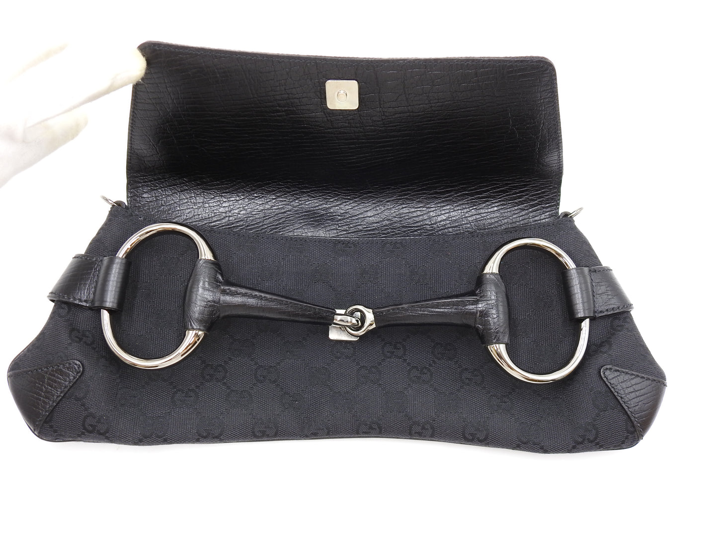 GUCCI GG Canvas Horsebit 2way Chain Clutch Hand Bag Leather Black 120134