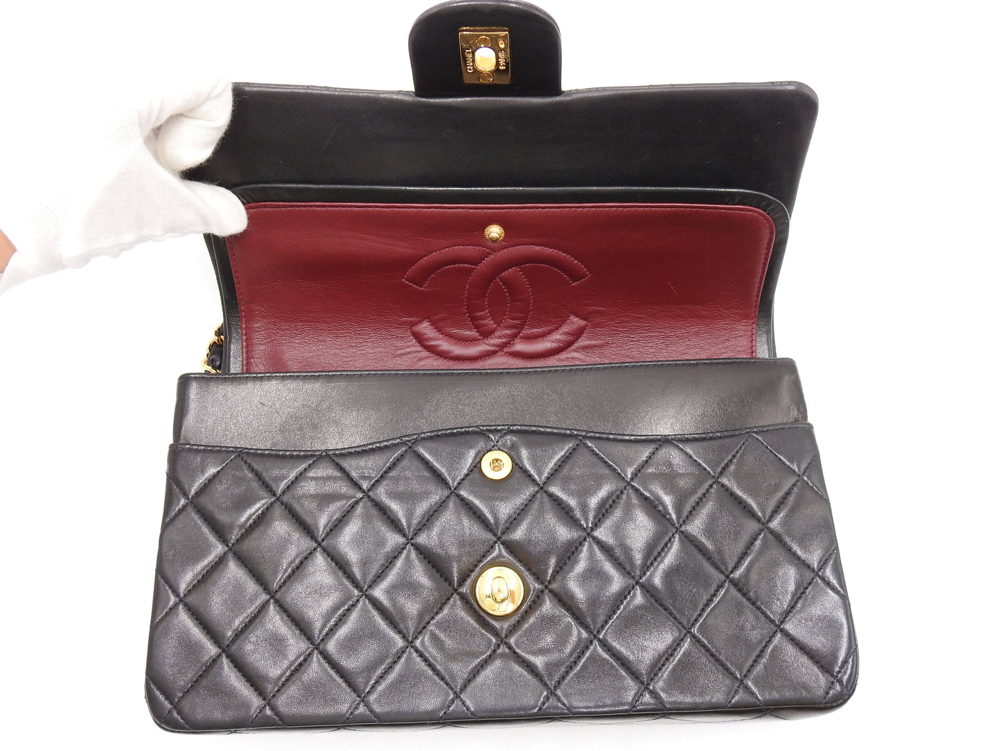 CHANEL Matelasse 25 Double Flap Chain Shoulder Bag Lambskin Black A01112