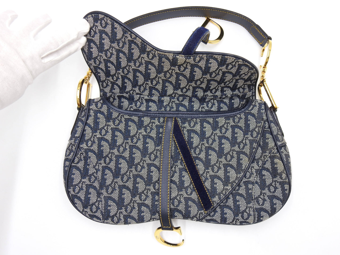 Christian Dior Trotter Oblique W Saddle Bag Shoulder Hand Bag Canvas Navy