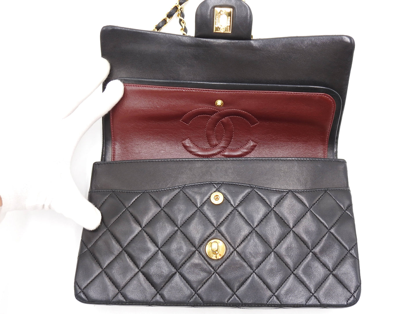 CHANEL Matelasse 25 Double Flap Chain Shoulder Bag Lambskin Black A01112