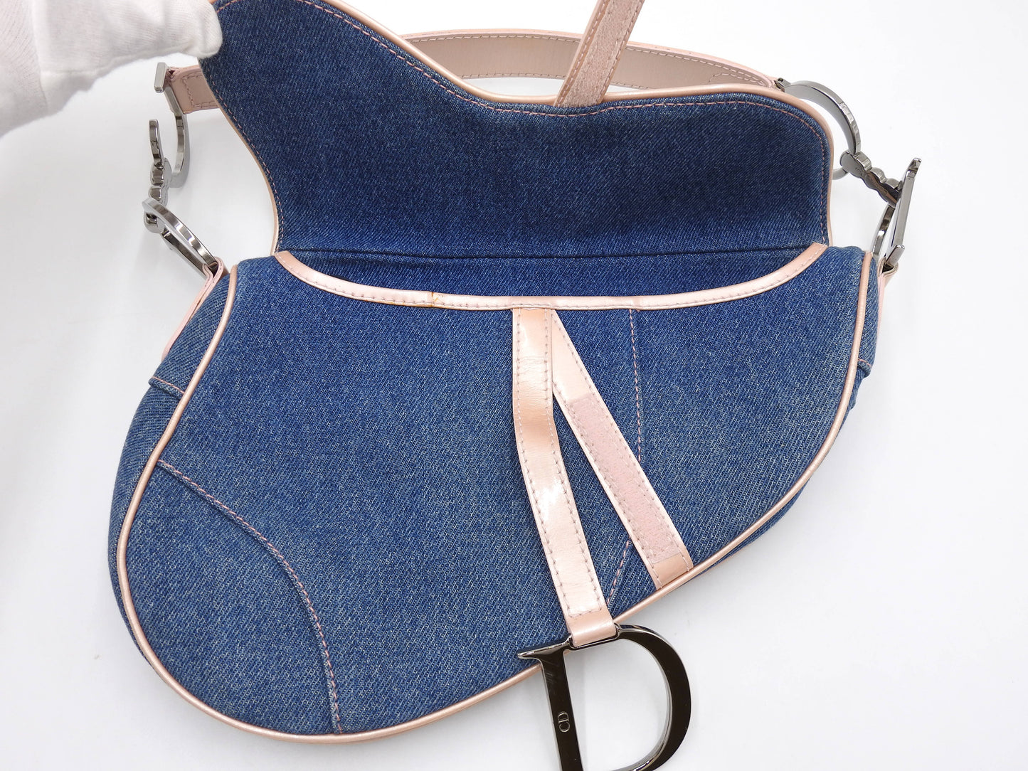 Christian Dior Saddle Bag Shoulder Hand Bag Denim Patent Leather Blue PInk