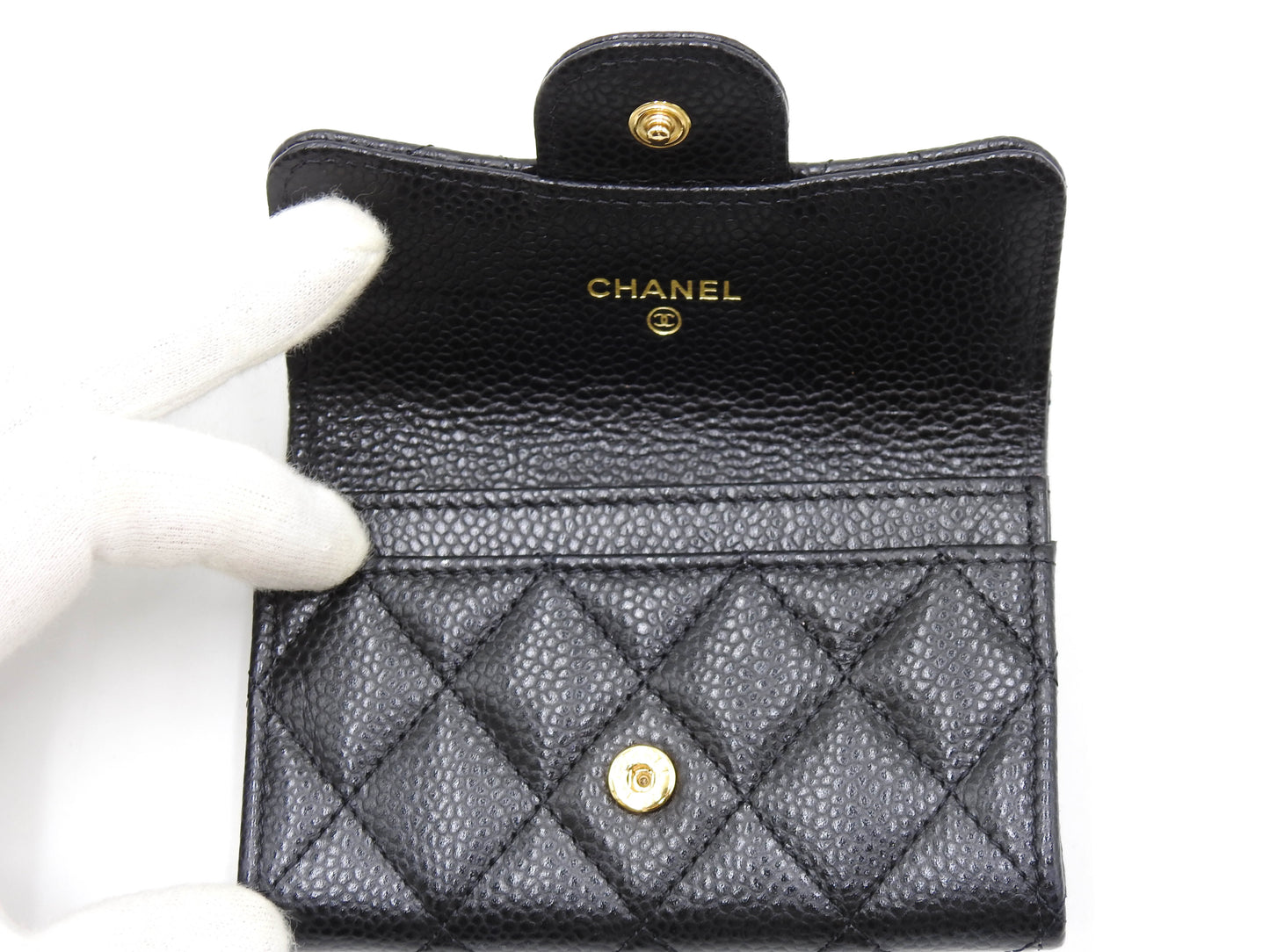 CHANEL CC Matelasse Card Case Holder Caviarskin Black Gold AP0214