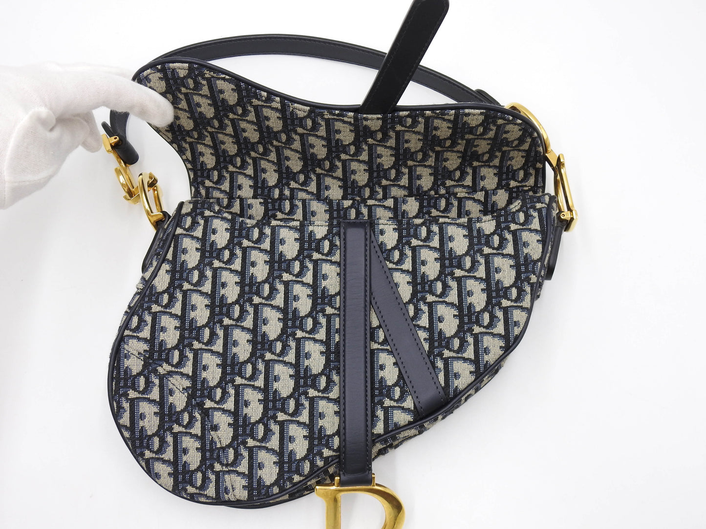 Christian Dior Oblique Jacquard Saddle Bag Shoulder Hand Bag Leather Navy