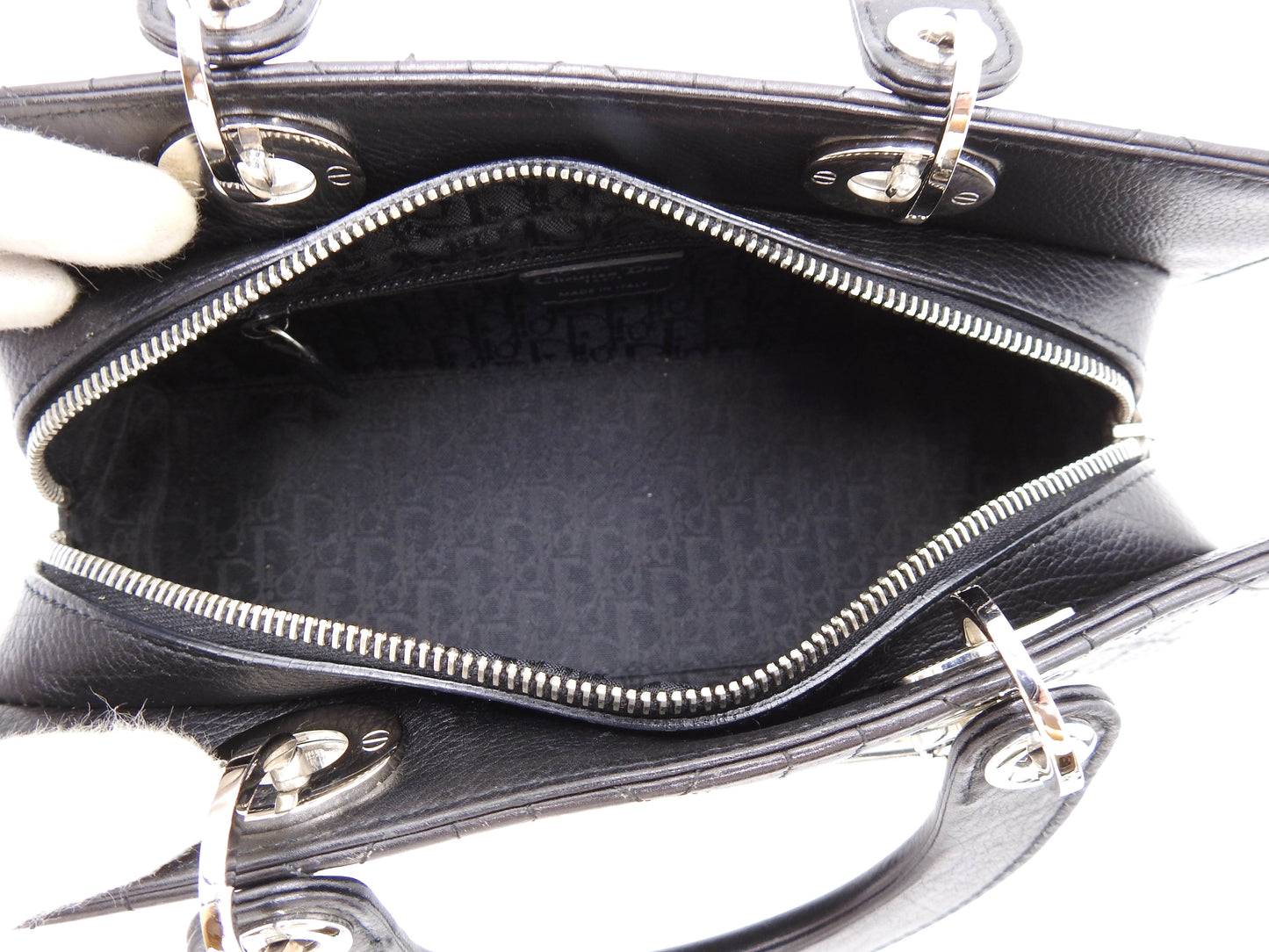 Christian Dior Lady Dior Small East West Cannage Hand Bag Calfskin Black