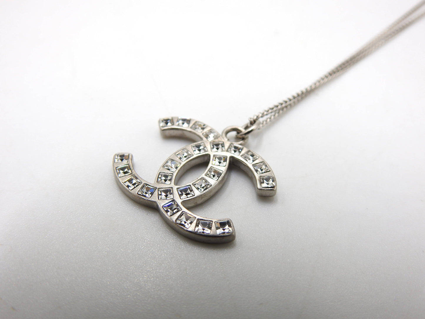 CHANEL CC Rhinestone Pendant Necklace SV Silver B12P