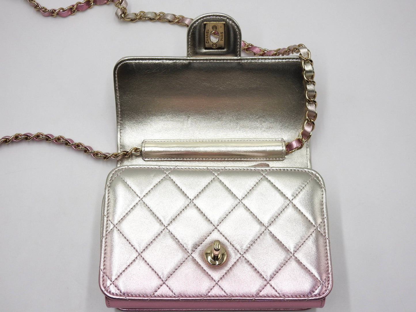 CHANEL Mini Flap Chain Shoulder Bag Lambskin Metallic Silver Pink AS3002