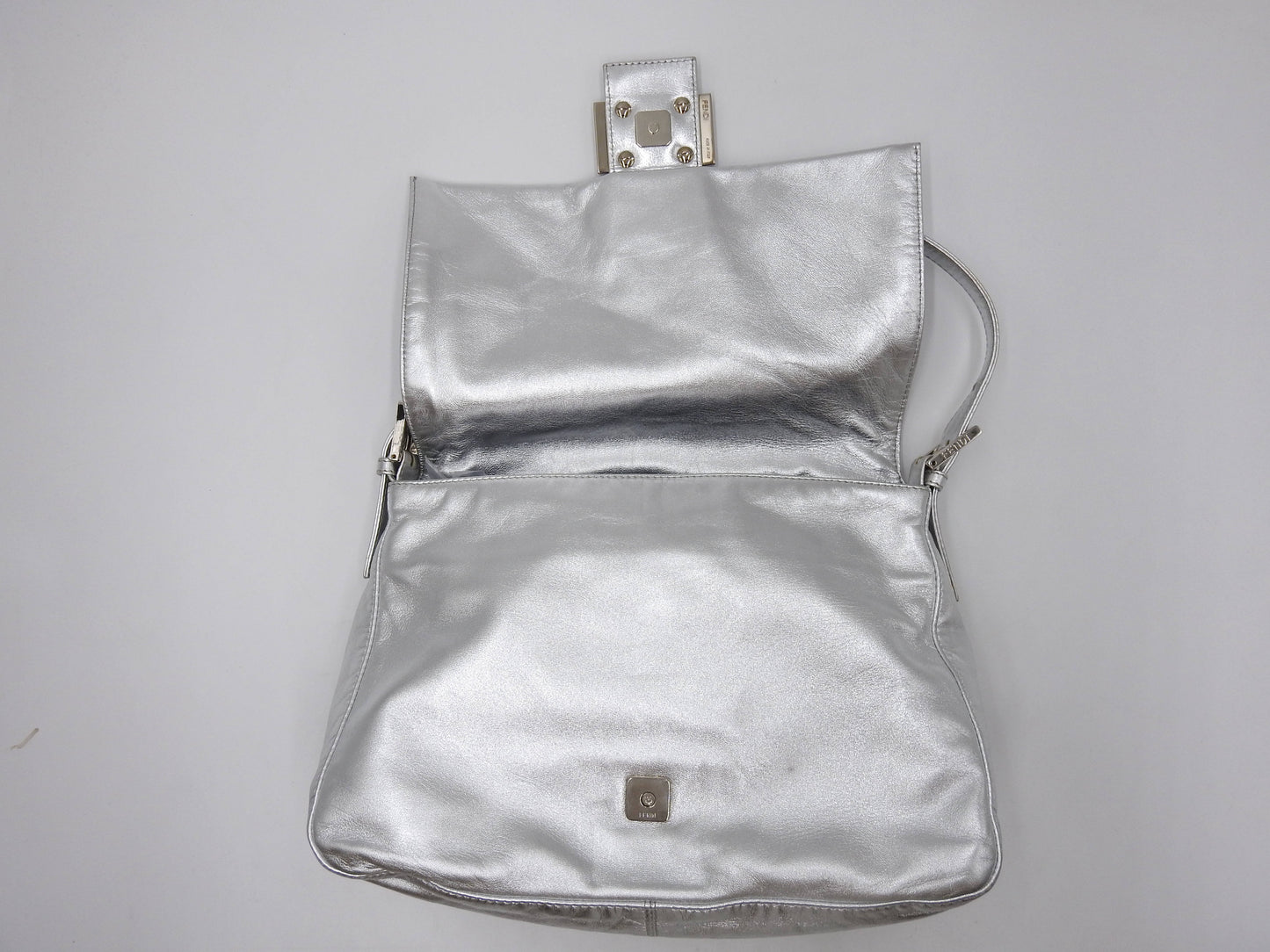 FENDI Mamma Baguette Shoulder Hand Bag Leather Rhinestone Silver