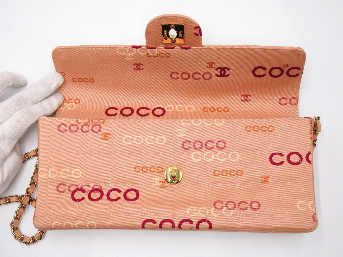 CHANEL COCO Chocolate Bar Chain Shoulder Bag Canvas Pink Gold A15316