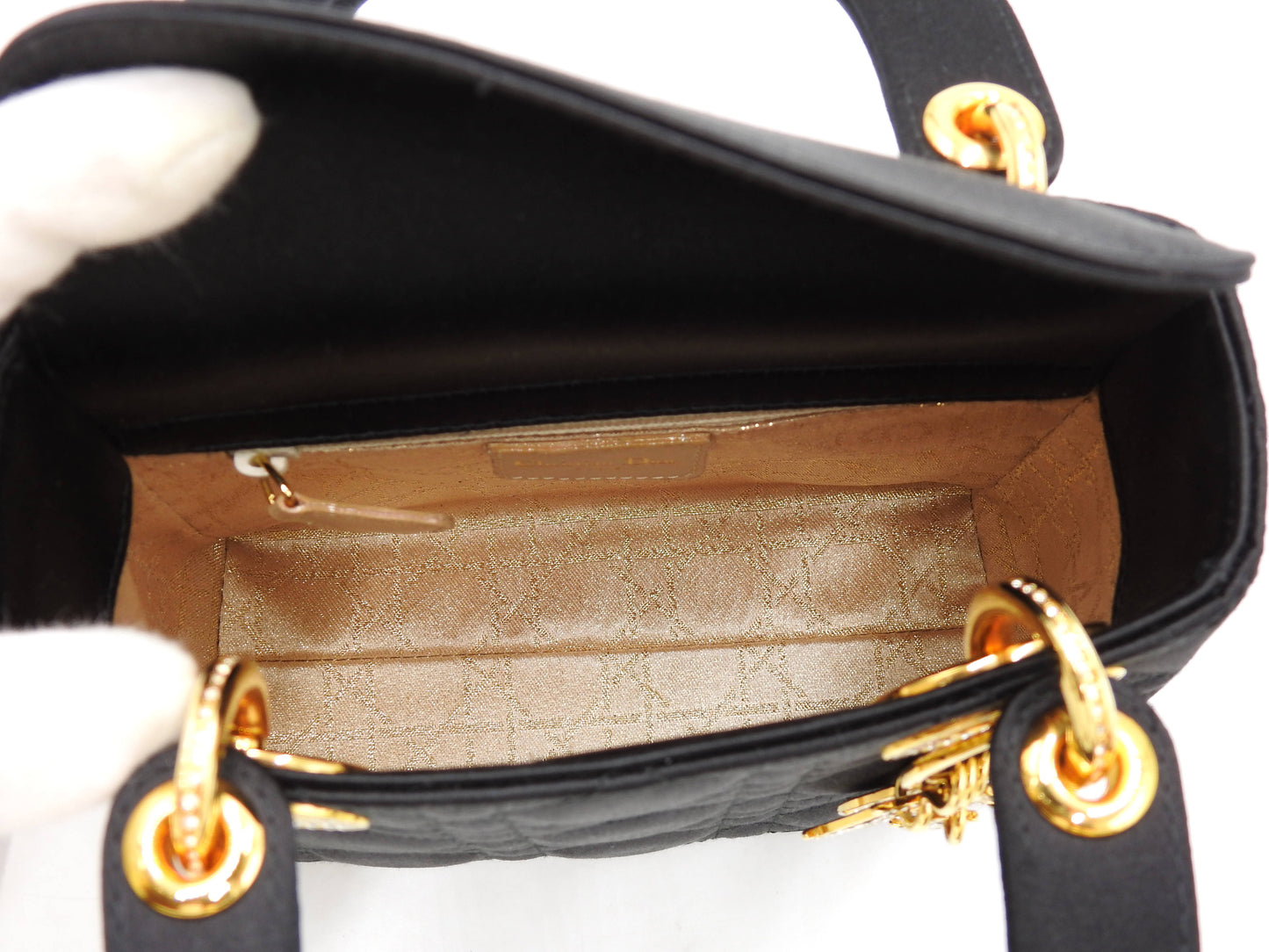 Christian Dior Lady Dior Mini Cannage Hand Bag Satin Crystal Black Gold