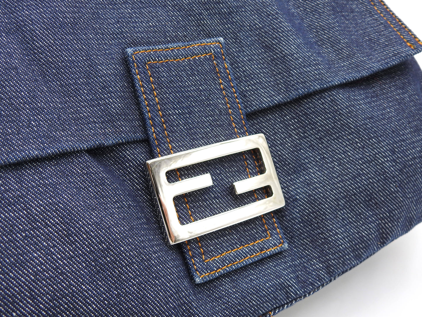 FENDI Mamma Baguette Shoulder Hand Bag Denim Navy Silver Hardware