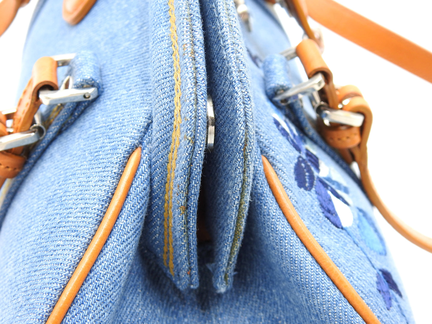 Christian Dior Denim Embroidered Flower Kiss Lock Hand Bag Blue Brown