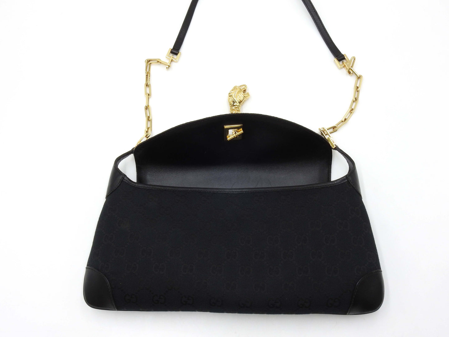 GUCCI GG Canvas Tiger Head Shoulder Bag Black Gold Hardware 001.4113