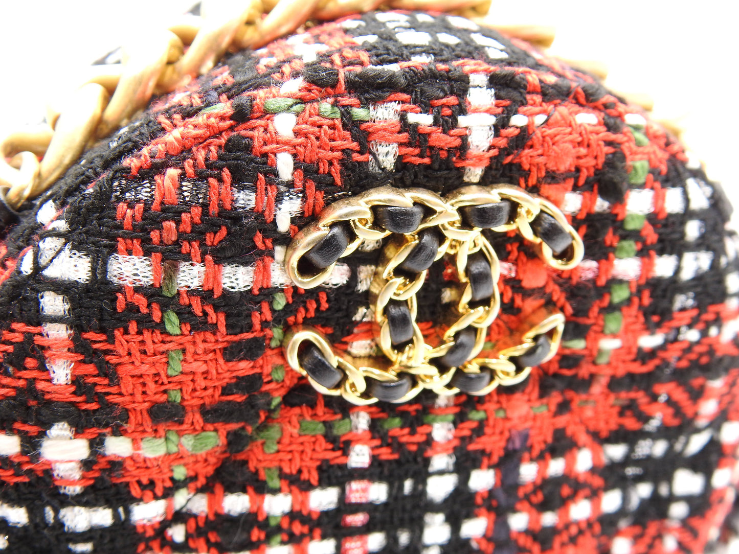 CHANEL 19 Round Chain Clutch Shoulder Bag Tweed Leather Red Black AP0945