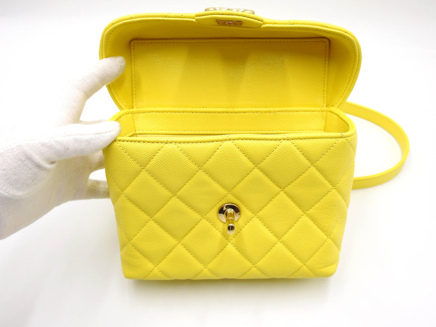 CHANEL CC Matelasse Top Handle Chain Shoulder Bag Caviarskin Yellow AS3729