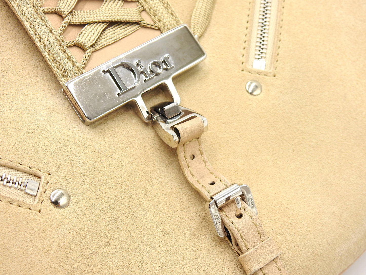 Christian Dior Admit It Lace-Up Hobo One Shoulder Bag Suede Leather Beige