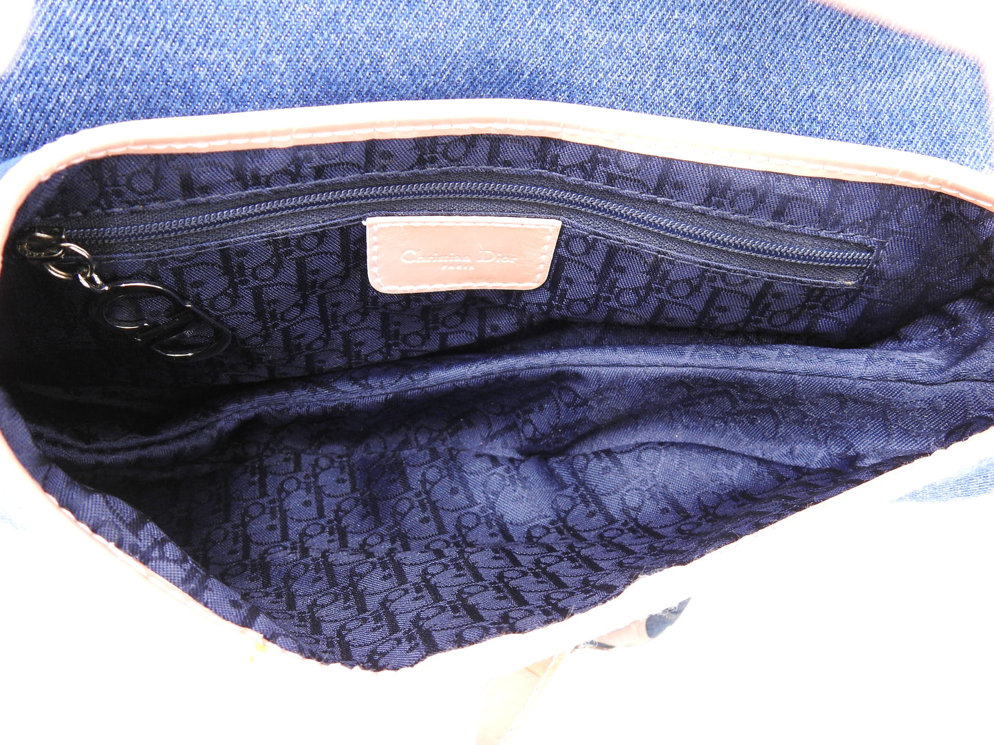 Christian Dior Saddle Bag Shoulder Hand Bag Denim Patent Leather Blue PInk