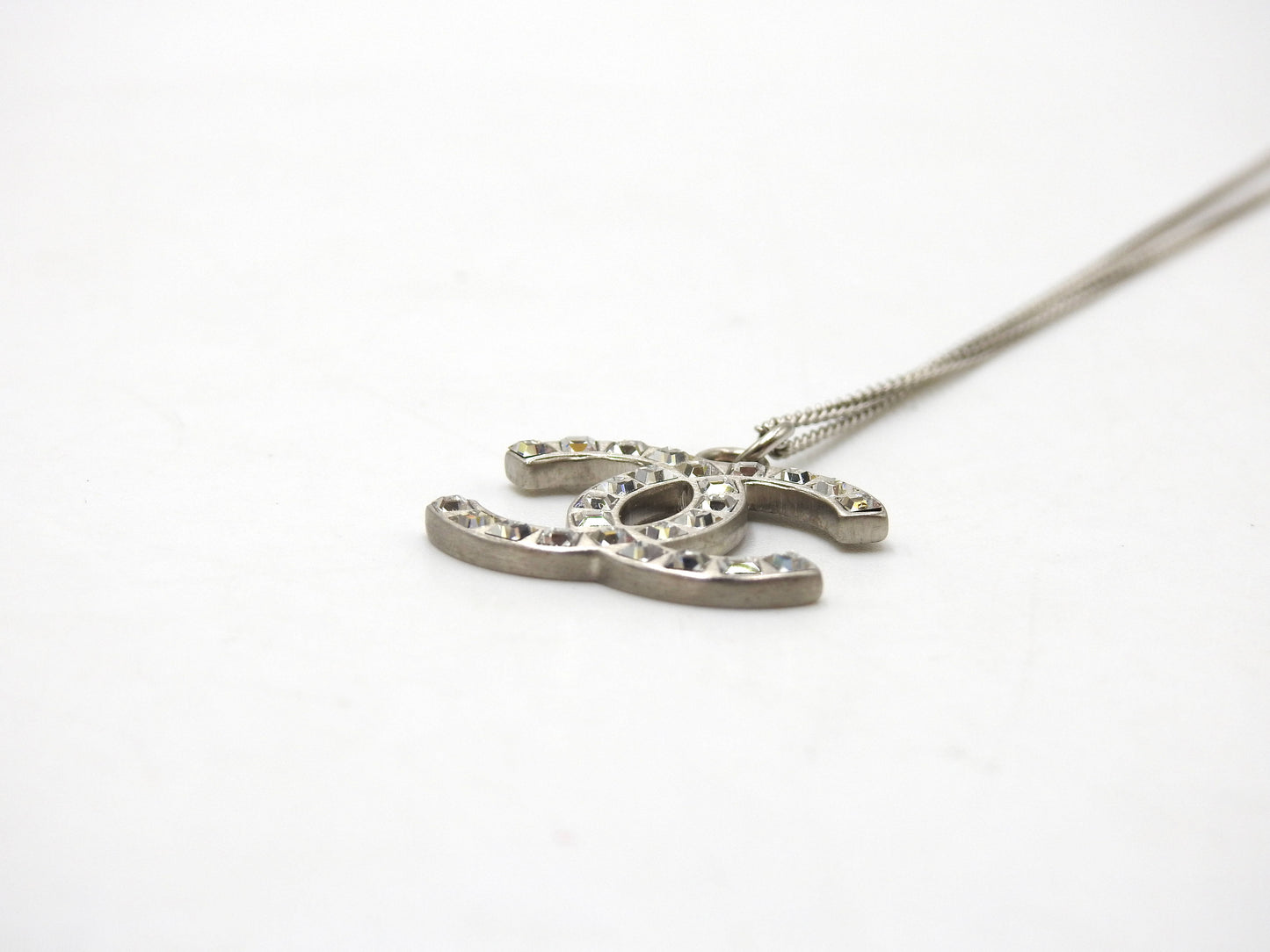 CHANEL CC Rhinestone Pendant Necklace SV Silver B12P