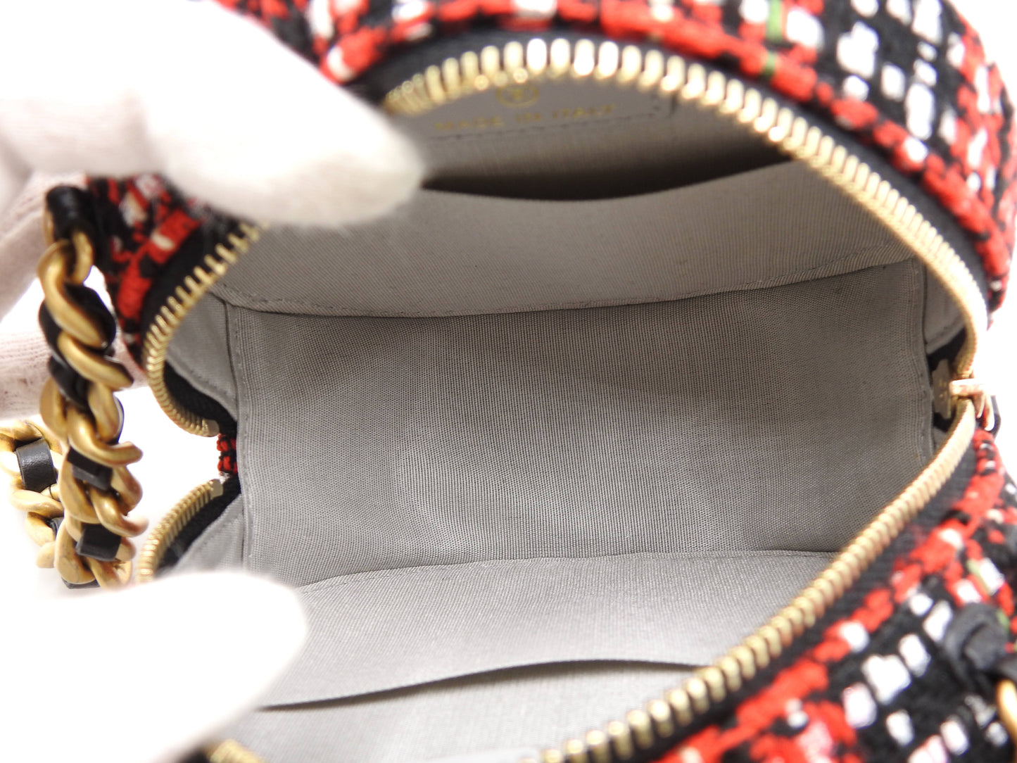 CHANEL 19 Round Chain Clutch Shoulder Bag Tweed Leather Red Black AP0945