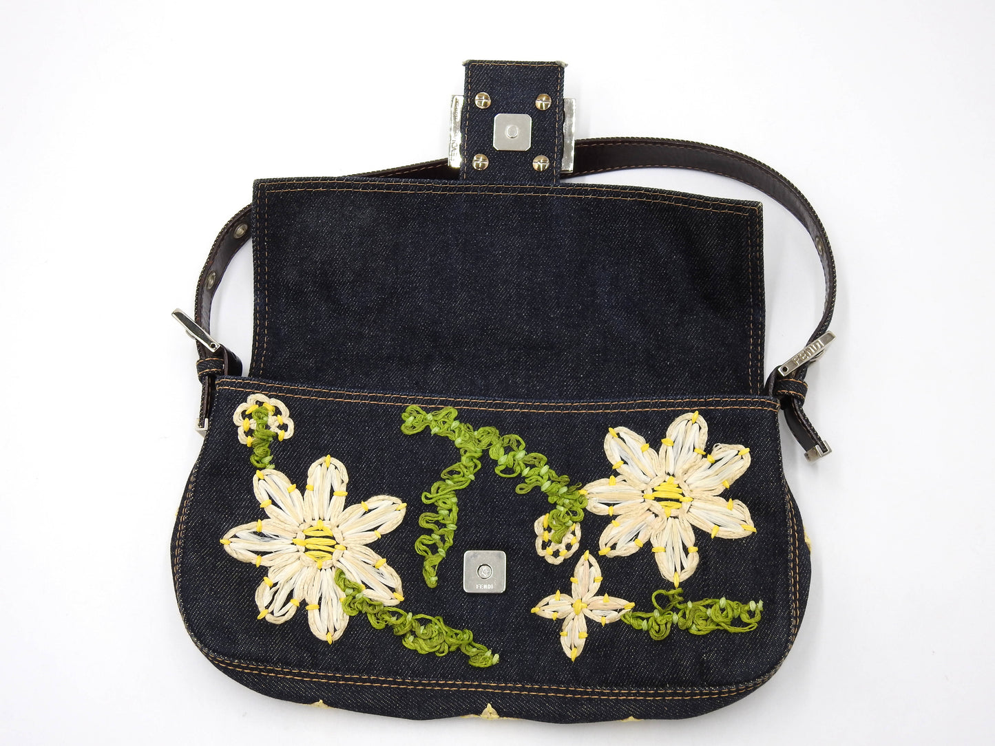 FENDI Denim Mamma Baguette Shoulder Hand Bag Flower Embroidered Navy