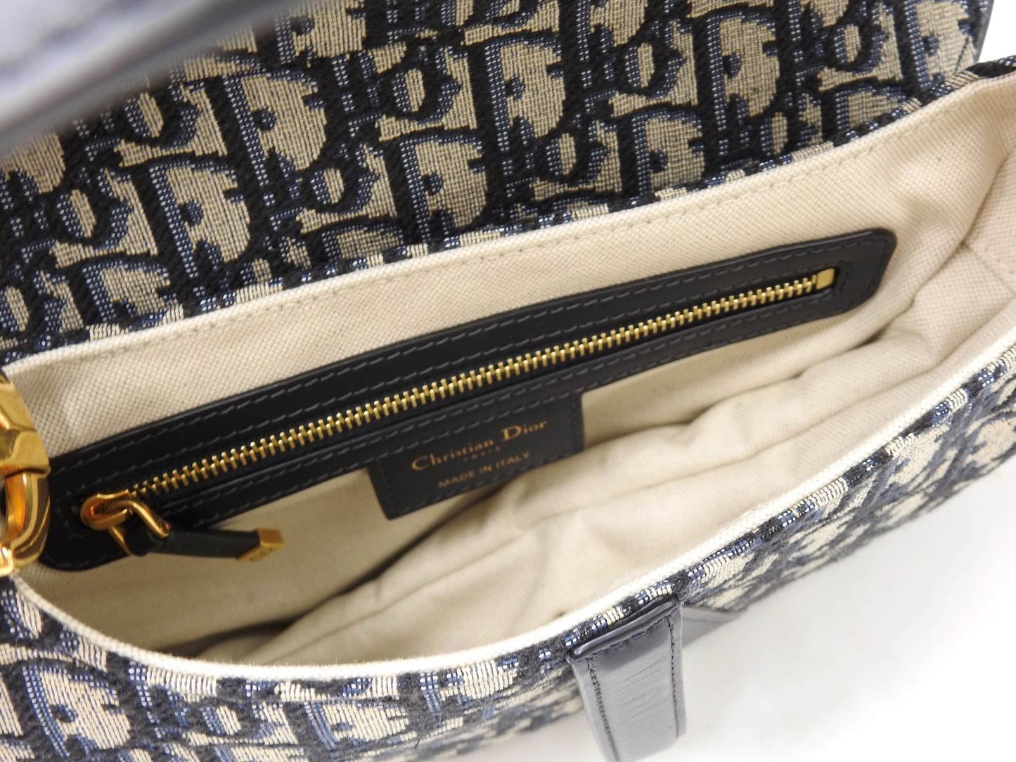 Christian Dior Oblique Jacquard Saddle Bag Shoulder Hand Bag Leather Navy