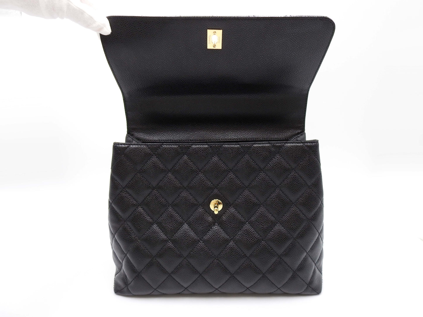 CHANEL Matelasse CC Kelly Hand Bag Caviarskin Leather Black Gold A12397