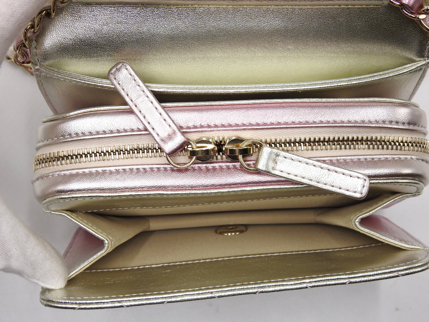 CHANEL Mini Flap Chain Shoulder Bag Lambskin Metallic Silver Pink AS3002